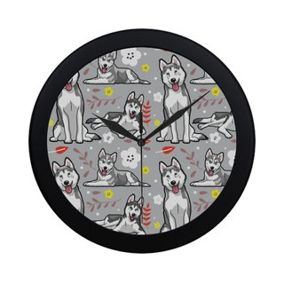 Siberian Husky Flower Black Circular Plastic Wall clock - TeeAmazing