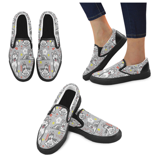 Siberian Husky Flower Black Women's Slip-on Canvas Shoes - TeeAmazing