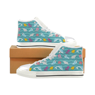 Dolphin White Women's Classic High Top Canvas Shoes - TeeAmazing