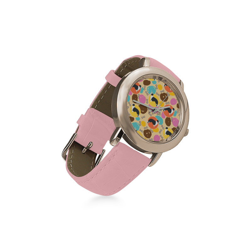 Border Collie Pattern Women's Rose Gold Leather Strap Watch - TeeAmazing