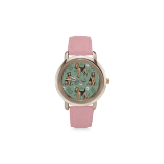 Airedale Terrier Flower Women's Rose Gold Leather Strap Watch - TeeAmazing