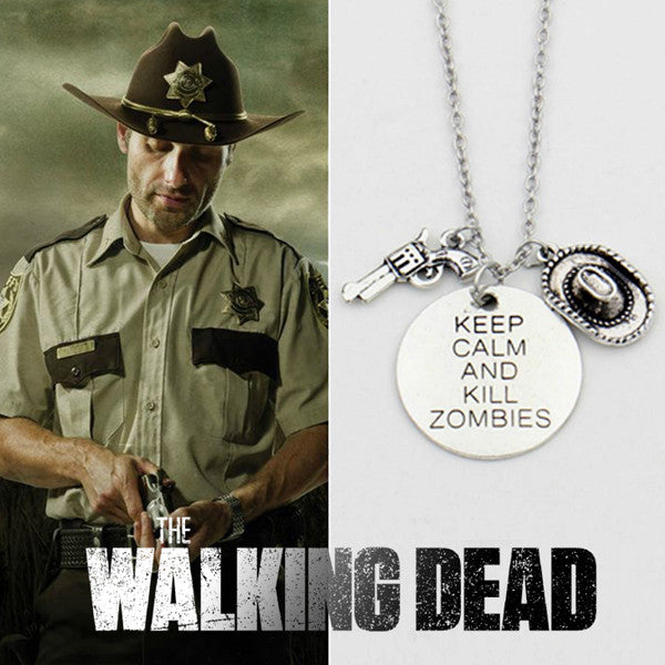 Vintage The Walking Dead Rick's Gun & Hat Necklace three pendants keep clam and kill zombies jewelry - TeeAmazing