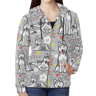 Siberian Husky Flower All Over Print Full Zip Hoodie for Women (Model H14) - TeeAmazing