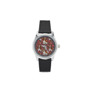 Basset Hound Flower Kid's Stainless Steel Leather Strap Watch - TeeAmazing