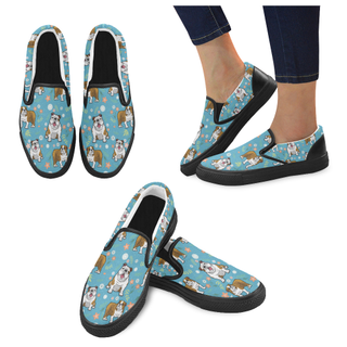 English Bulldog Flower Black Women's Slip-on Canvas Shoes - TeeAmazing