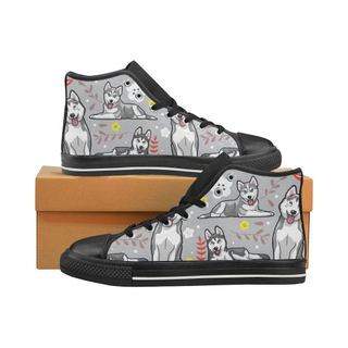 Siberian Husky Flower Black High Top Canvas Shoes for Kid (Model 017) - TeeAmazing