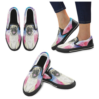 Pug Water Colour No.1 Black Women's Slip-on Canvas Shoes/Large Size (Model 019) - TeeAmazing