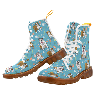 English Bulldog Flower White Martin Boots For Men Model 1203H - TeeAmazing