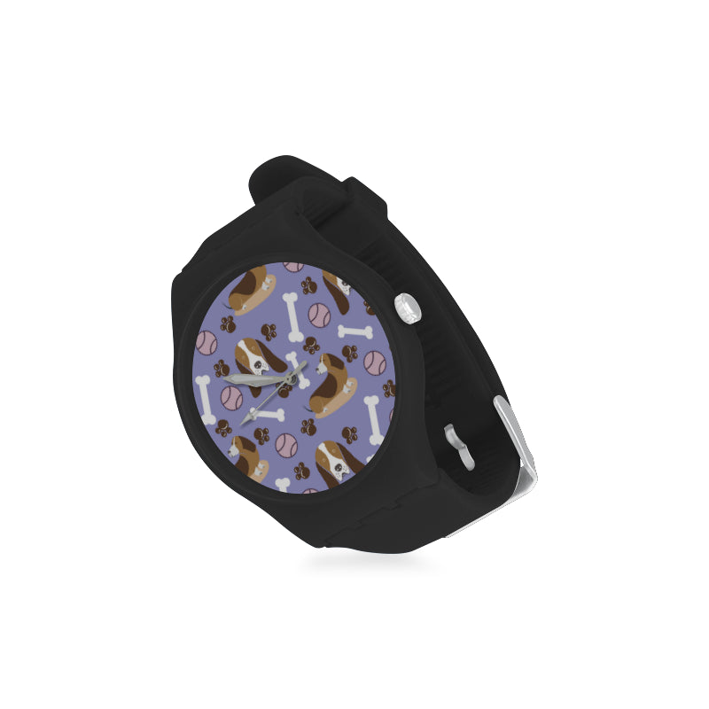 Basset Hound Pattern Black Unisex Round Rubber Sport Watch - TeeAmazing