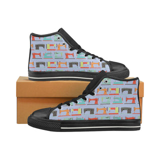 Sewing Machine Pattern Black High Top Canvas Shoes for Kid - TeeAmazing