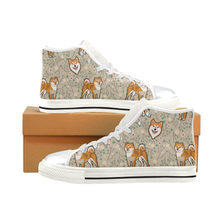 Akita Flower White High Top Canvas Women's Shoes/Large Size (Model 017) - TeeAmazing