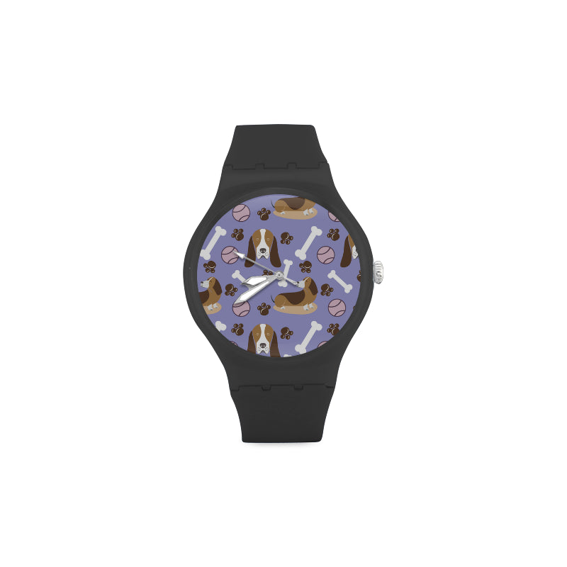 Basset Hound Pattern Black Unisex Round Rubber Sport Watch - TeeAmazing