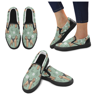 Airedale Terrier Flower Black Women's Slip-on Canvas Shoes - TeeAmazing