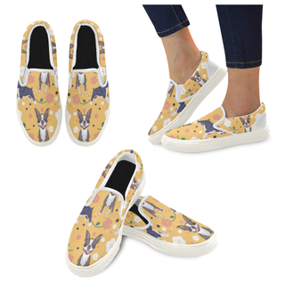 Boston Terrier Flower White Women's Slip-on Canvas Shoes - TeeAmazing