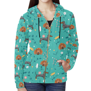 Dachshund Flower All Over Print Full Zip Hoodie for Women (Model H14) - TeeAmazing