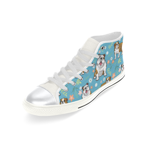 English Bulldog Flower White High Top Canvas Women's Shoes/Large Size (Model 017) - TeeAmazing