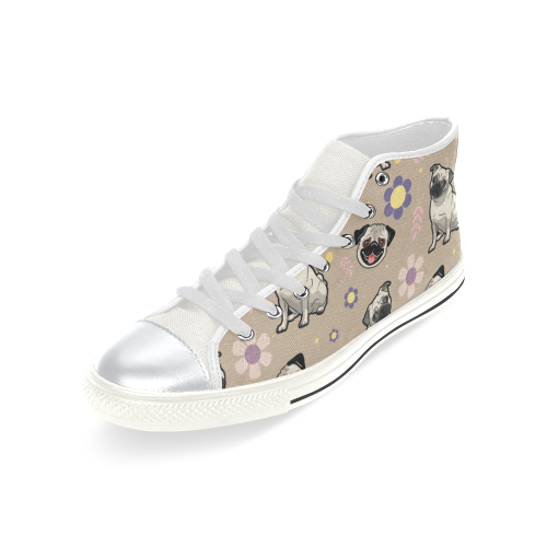 Pug Flower White High Top Canvas Shoes for Kid (Model 017) - TeeAmazing