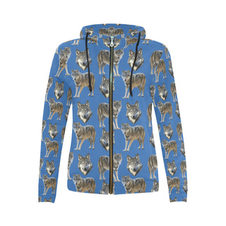 Wolf Pattern All Over Print Full Zip Hoodie for Women - TeeAmazing