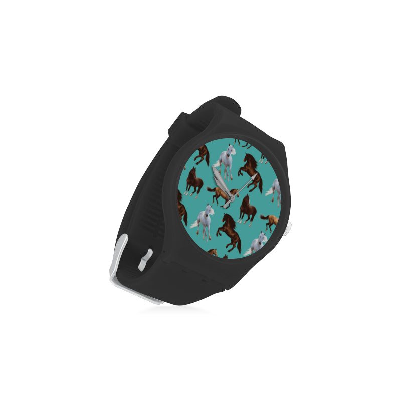 Horse Pattern Black Unisex Round Rubber Sport Watch - TeeAmazing