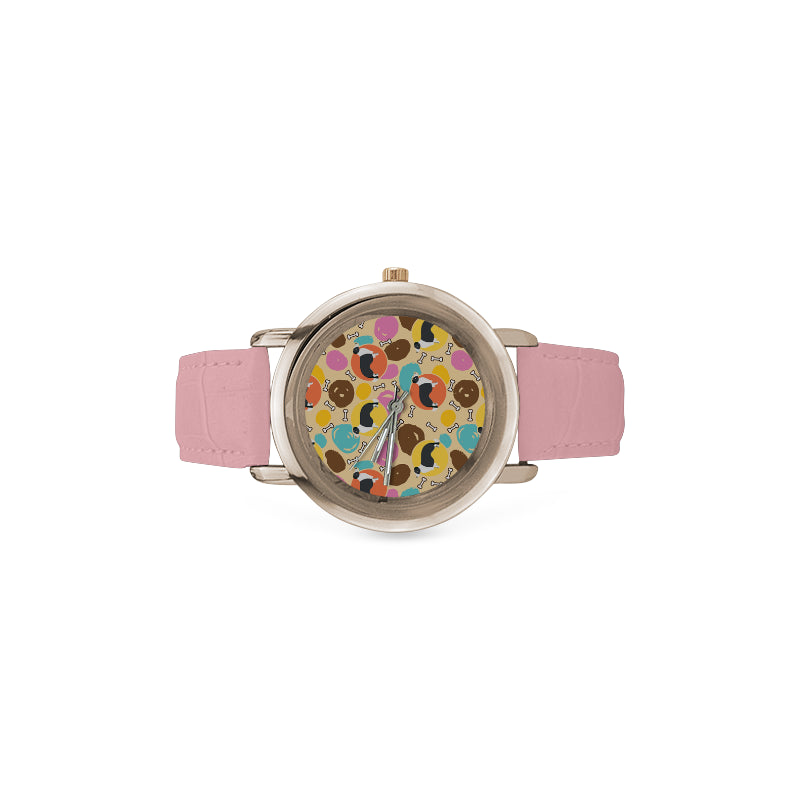 Border Collie Pattern Women's Rose Gold Leather Strap Watch - TeeAmazing