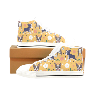 Boston Terrier Flower White Men’s Classic High Top Canvas Shoes /Large Size - TeeAmazing