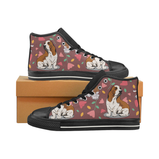 Basset Hound Flower Black High Top Canvas Shoes for Kid (Model 017) - TeeAmazing