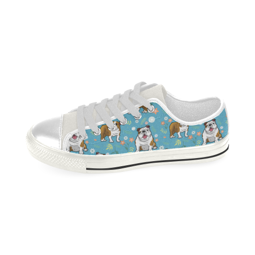 English Bulldog Flower White Low Top Canvas Shoes for Kid (Model 018) - TeeAmazing
