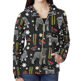 Miniature Schnauzer Flower All Over Print Full Zip Hoodie for Women (Model H14) - TeeAmazing