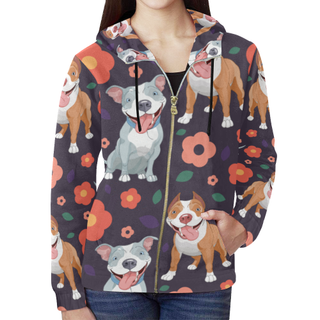 Pit bull Flower All Over Print Full Zip Hoodie for Women (Model H14) - TeeAmazing