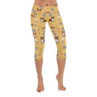 Corgi Flower Low Rise Capri Leggings (Invisible Stitch) (Model L08) - TeeAmazing