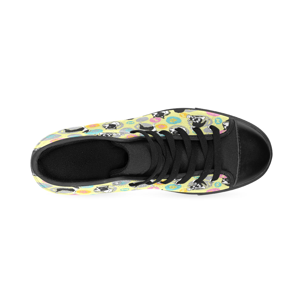 Boston Terrier Pattern Black High Top Canvas Women's Shoes/Large Size - TeeAmazing