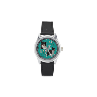 Border Collie Flower Kid's Stainless Steel Leather Strap Watch - TeeAmazing