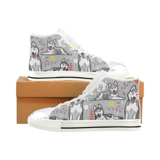 Siberian Husky Flower White High Top Canvas Shoes for Kid (Model 017) - TeeAmazing
