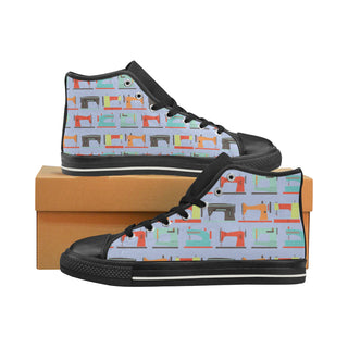 Sewing Machine Pattern Black High Top Canvas Women's Shoes/Large Size - TeeAmazing