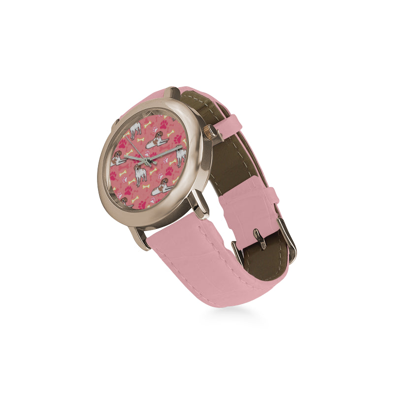Brittany Spaniel Pattern Women's Rose Gold Leather Strap Watch - TeeAmazing