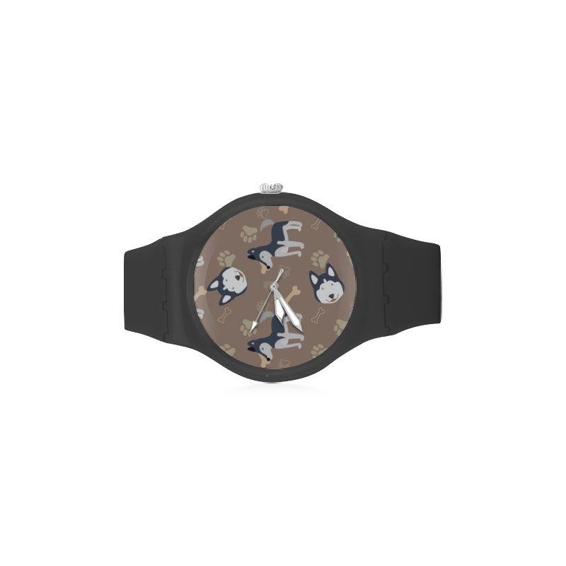 Siberian Husky Pattern Black Unisex Round Rubber Sport Watch - TeeAmazing