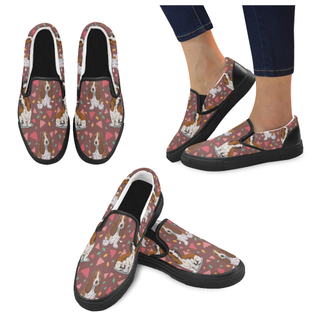 Basset Hound Flower Black Women's Slip-on Canvas Shoes - TeeAmazing