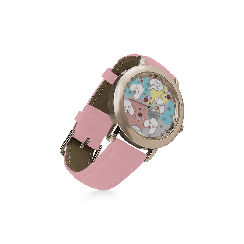 Poodle Pattern Women's Rose Gold Leather Strap Watch - TeeAmazing