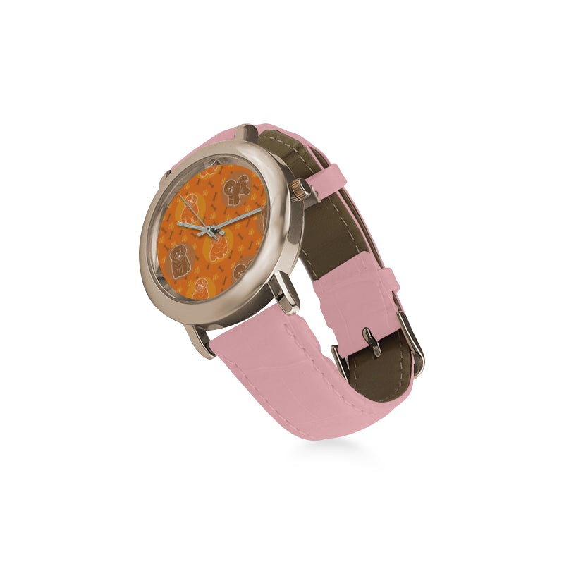 Bichon Frise Pattern Women's Rose Gold Leather Strap Watch - TeeAmazing