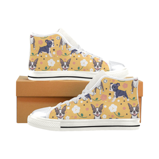 Boston Terrier Flower White High Top Canvas Shoes for Kid (Model 017) - TeeAmazing