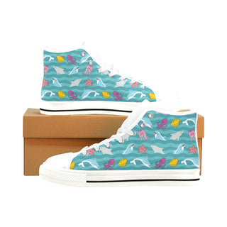 Dolphin White Men’s Classic High Top Canvas Shoes /Large Size - TeeAmazing