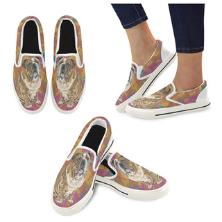 English Bulldog Water Colour No.2 White Women's Slip-on Canvas Shoes/Large Size (Model 019) - TeeAmazing