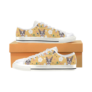 Boston Terrier Flower White Canvas Women's Shoes/Large Size (Model 018) - TeeAmazing