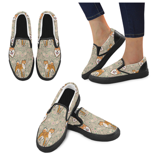 Akita Flower Black Women's Slip-on Canvas Shoes - TeeAmazing