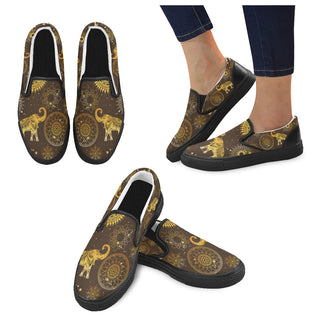 Elephant and Mandalas Black Women's Slip-on Canvas Shoes - TeeAmazing