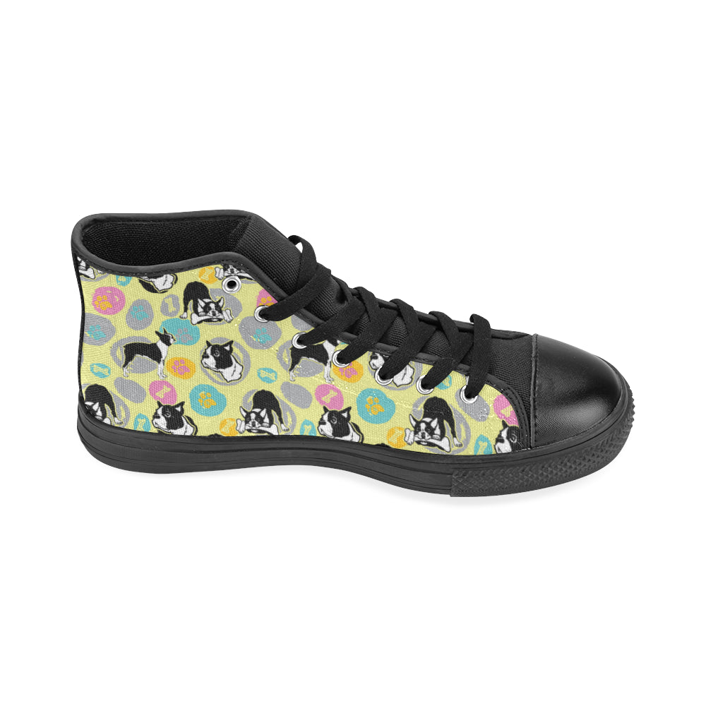 Boston Terrier Pattern Black High Top Canvas Women's Shoes/Large Size - TeeAmazing