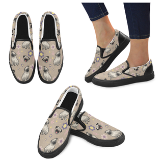 Pug Flower Black Women's Slip-on Canvas Shoes - TeeAmazing