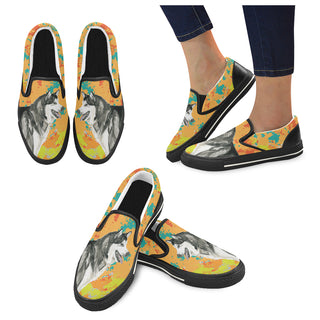 Alaskan Malamute Water Colour No.2 Black Women's Slip-on Canvas Shoes/Large Size (Model 019) - TeeAmazing