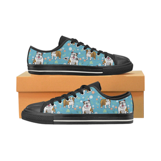 English Bulldog Flower Black Low Top Canvas Shoes for Kid (Model 018) - TeeAmazing