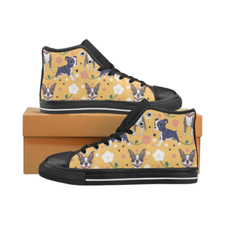 Boston Terrier Flower Black High Top Canvas Women's Shoes/Large Size (Model 017) - TeeAmazing